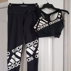 New Adidas Sports Bra And Matching Leggings. Lightly Padded Sports Bra (Removable Pads). Black And White. Size Medium. Nwot New Without Tags. White Adidas Activewear With Athletic Fit, White Adidas Athletic Fit Activewear, White Adidas Activewear For Workout, Adidas Athleisure Activewear With Athletic Fit, Adidas Sporty Athletic Fit Activewear, Casual Stretch Leggings With Adidas Logo, White Adidas Activewear For Gym, Adidas Activewear For Sports, Adidas White Activewear For Workout