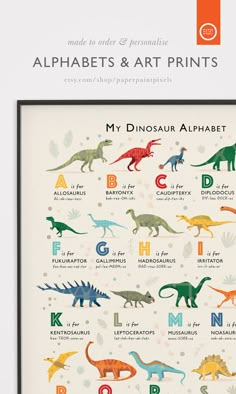 an alphabet poster with dinosaurs and letters