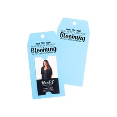 two tags with the words blooming on them and an image of a woman's face