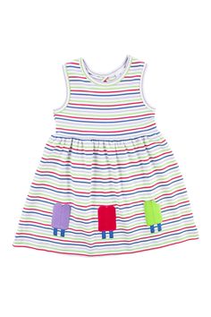 From our Lavender Icing collection: White, pink, blue, lime, and lavender yarn-dyed stripe interlock knit 100% cotton Applique popsicles on front skirt Back neck cutout detail Neck and armhole binding Back waist spaghetti ties Waist dress silhouette with shirred skirt Knee length Match to sister in romper C5215 Striped Summer Dress For Playtime, Striped Spring Dresses For Playtime, Playful Striped Summer Dresses, Playful Purple Summer Dresses, Lavender Icing, Shirred Skirt, Skirt Knee Length, Striped Knit Dress, Tie Waist Dress