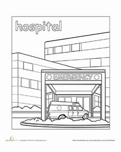 a hospital with an emergency car in the doorway coloring pages for kids, free printable