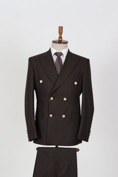 "*Brown,White Striped Men's Double Breasted Suit *Fabric: 100%Wool Thick, Warm, Comfortable, Breathable, Softer, Wool Feeling *Center Six Button Blazer and Zipper Fly Pants *Slim Fit, 9 Cm Peak Lapel, 5 Cm Flap Pocket And Ticket Pocket  *Double Vent On The Behind Of The Jacket *This Suit Has A 6\" Drop Which Is The Difference Between The Size Of The Jacket & Pants. For Example, A 40r Jacket Includes A 34W Pant *Dry Clean Only *Available Eu Sizes: 48-50-52-54-56-58 *Available Us Sizes: 38-40-42-4 Brown Notch Lapel Suit With Button Closure, Brown Notch Lapel Suits With Button Closure, Brown Suit With Button Closure For Formal Occasions, Brown Double-breasted Suit With Double Button Closure, Formal Brown Suit With Button Closure, Brown Suits With Buttons For Work, Brown Workwear Suits With Buttons, Tailored Brown Suit With Double Button Closure, Brown Suits With Button Closure For Office