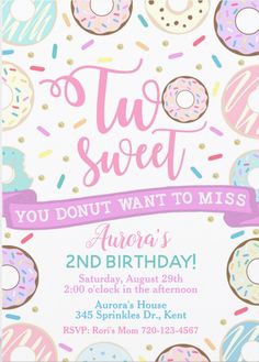 a birthday party card with donuts and sprinkles on it's white background