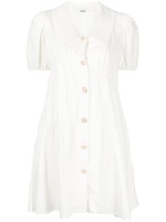 off-white cotton polo collar V-neck short puff sleeves front button fastening faux-pearl buttons thigh-length Cotton Polo, Pearl Buttons, Polo Dress, Polo Collar, Dress White, Puff Sleeves, Size Clothing, White Cotton, Day Dresses