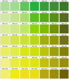 the color chart for different shades of yellow, green and brown with numbers on each side