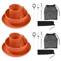 an orange dinnerware set with utensils and bags