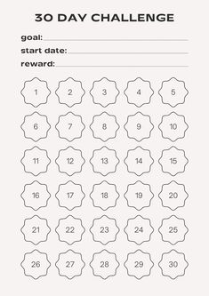 the printable 30 day challenge is shown in black and white with numbers on it