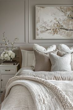 a bed with white linens and pillows in a bedroom next to a painting on the wall