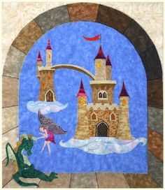 an image of a fairy scene with a castle and a dragon in the foreground