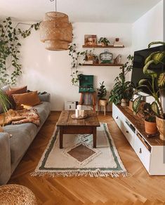 a living room filled with furniture and plants