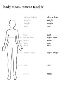 the body measurement tracker is shown in black and white, with words describing how to measure it