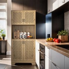 a kitchen with an oven, cabinets and counter tops in the middle of the room