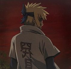 an anime character with blonde hair wearing a gray shirt and black pants, standing in front of a red sky