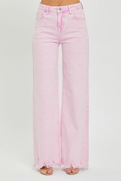 Pink Acid Wash High Rise Wide Leg Jeans: Fabric Contents: 98%cotton, 2%spandex - Rise 10" | Inseam 32'5" in size 3/26 - Model Info: Height 5'8" | Waist 24" | Hips 34" Colored Jeans 2024, Pink Jeans Outfit, Risen Jeans, School Jeans, Boho Jeans, High Rise Wide Leg Jeans, Zara Outfit, Jean Large, Pink Shade