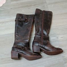 Slightly Distressed Nwot Boots, Great With Jeans, 1.5"Stacked Wood Heel Leather Boots With Jeans, Brown Leather Riding Boots, Nordstrom Shoes, Wood Heel, Leather Riding Boots, Brown Leather Boots, Pretty Shoes, Shoes Heels Boots, Chocolate Brown