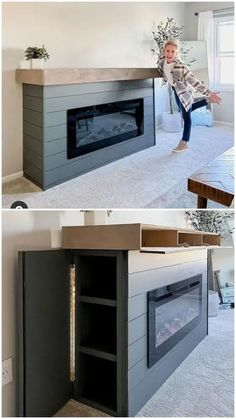 the fireplace is built into an entertainment center