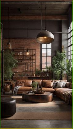 a living room filled with lots of furniture and plants on top of the couches