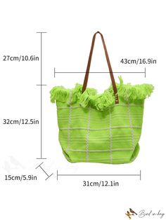 BirdinBag - Stylish Neon Green Plaid Tote Bag Tropical Bag, Plaid Tote Bag, Plaid Tote, Word Wrap, Green Pattern, Shoulder Tote Bag, Green Plaid, Shoulder Tote, Womens Plaid