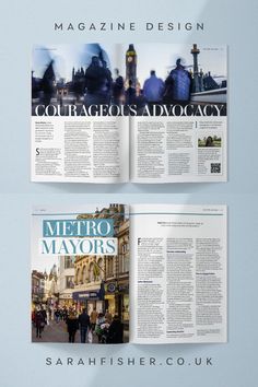 the front and back pages of a magazine, with an image of people walking in the background