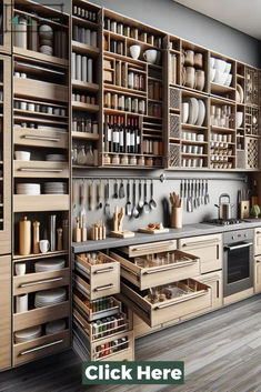 a kitchen with lots of wooden cabinets and drawers