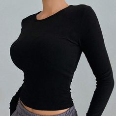 Black Long Sleeve Crop Top Black Full Sleeve Crop Top, Black Solid Color Top For Night Out, Basic Black Solid Color Top, Basic Black Tops For Fall, Black Winter Tops For Everyday Wear, Black Everyday Winter Top, Winter Black Tops For Everyday, Black Stretch Top For Everyday Wear, Everyday Black Stretch Top