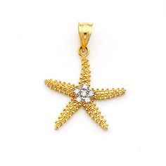 "14k solid gold Two-tone Beaded Starfish Pendant set with .06 carats of Diamonds. Measures 1\" x 3/4\". Made to order. Free shipping." 14k Yellow Gold Starfish Jewelry, Gold Starfish Charm Jewelry, 14k Gold Jewelry With Starfish Charm, 14k Gold Starfish-shaped Jewelry, Gold Jewelry With Starfish Charm In 14k Gold, Gold Starfish Charm Jewelry In 14k Gold, Beaded Starfish, Gold Flower Ring, Kids Rings