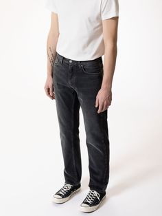 Regular fit jeans with a straight leg made in our favorite Italian black denim. These jeans have been treated with a smooth vintage-like wash that showcases a span of textures, a muted yet rich marbling texture upon which the abraded areas add a flat texture with clear twill lines. In short; a perfectly smooth, jaw-dropping, vintage wash. Classic Washed Black Jeans, Classic Washed Black Rigid Denim Jeans, Washed Black Straight Fit Jeans, Classic Straight Leg Washed Black Jeans, Classic Washed Black Bottoms With Five Pockets, Classic Washed Black Tapered Leg Jeans, Classic Faded Jeans With Straight Hem, Washed Black Rigid Denim Jeans, Classic Washed Bottoms With Standard Cut Leg