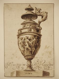 an antique drawing of a vase with angels on it's top and the words roma written below