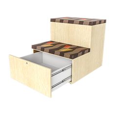 an open drawer with two drawers on each side and a patterned seat pad at the bottom