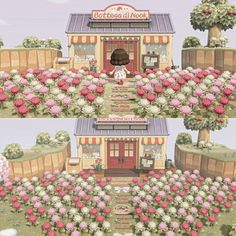 two pictures of a small store with flowers in the foreground