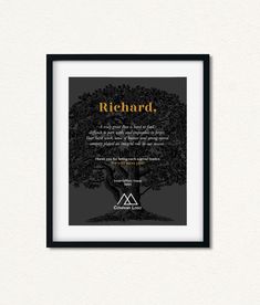 a framed poster with the words richard and an image of a tree in front of it