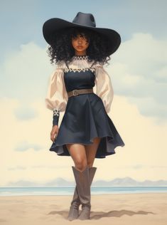 a painting of a woman in a dress and cowboy hat