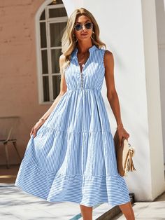 Striped Print Notched Neck A-line Dress | EMERY ROSE Sundress Outfit, Long Striped Dress, Spring Dresses Women, Marine Uniform, Dress Sleeve Length, Sleeveless Outfit, Boho Summer Dresses, Elegante Casual, Striped Shirt Dress