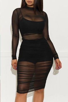 Size(in) Bust Waist Hip Length S 26.8  21.3  26.8  35.0  M 28.7  23.2  28.7  35.4  L 30.7  25.2  30.7  35.8  XL 32.7  27.2  32.7  36.2 Black Long Sleeve Mesh Dress For Club, Sheer Black Midi Dress For Club, Black Sheer Midi Dress For Club, Black Long Sleeve Mesh Dress For Summer, Black Sheer Knee-length Bodycon Dress, Illusion Dresses, Black Layered Dress, Sheer Dresses, Mixed Media Dress