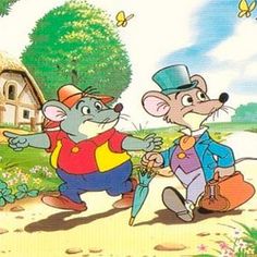 two cartoon mouses standing in front of a house and one is holding an umbrella