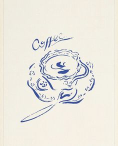 a blue ink drawing of a pie on a plate with the word coffee written above it