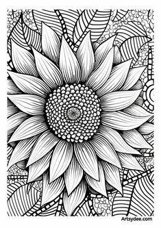 a black and white drawing of a sunflower