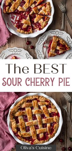 the best sour cherry pie is on display in front of two plates with forks and spoons