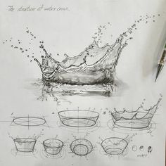 the drawing shows how to draw a crown with water splashing on it and other details