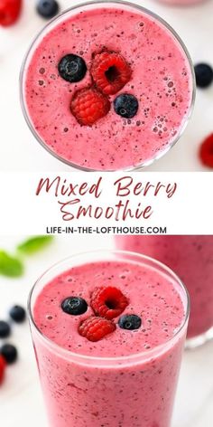 mixed berry smoothie in a glass with berries and raspberries