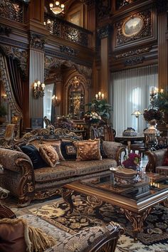 an ornate living room with couches and tables