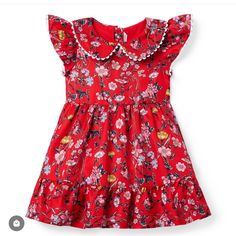 Janie And Jack Red Collared Floral Dress 12-18 Months Red Floral Ruffle Dress For Spring, Cute Red Ruffled Dress, Cute Red Dress With Ruffles, Red Spring Dress-up Dresses, Red Dress-up Dresses For Spring, Red Dress For Spring Dress-up, Red Dress For Dress-up In Spring, Red Ruffled Dresses For Playtime, Red Floral Print Cotton Dress