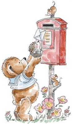 a drawing of a teddy bear reaching into a mailbox