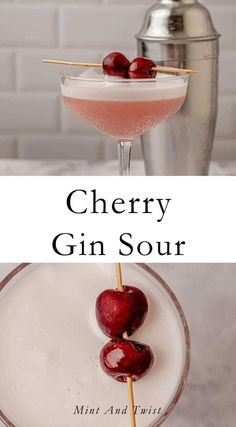 cherry gin sour cocktail in a martini glass with cherries on the rim