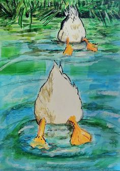 Gouache painting of duck butts. White Duck Painting, Duck In Water Painting, Duck Painting Cute, Duck Pond Painting, Abstract Duck Painting, Duck Reference Photo, Painting Ideas Duck, Funny Watercolor Paintings, Duck Pond Drawing