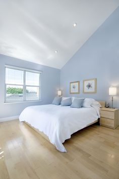 a bedroom with light blue walls and wooden floors