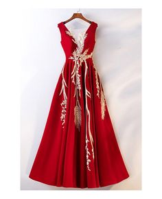 Shop unique long red with gold embroidery formal dress sleeveless online. All instock with free shipping. Pro since 2009. Lexi Outfits, Gold And White Outfit, Red Chinese Wedding Dress, Red And Gold Dress, Red Lace Gown, Chinese Princess Dress, Blue Princess Dress, Wedding Guest Outfit Ideas, Music Dress