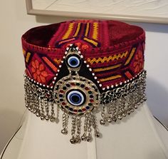 Traditional Afghan/Turkish embroided cap with Afghan Jewelry headpiece and evil eye off stone for women. Free shipping throughout U.S Turkish Headpiece, Embroided Cap, Jewelry Headpiece, Head Dresses, Folk Dress, Clothes Making, Fantasy Stuff, Afghan Jewelry, Jewelry Wardrobe