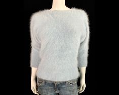 Fuzzy 64% Angora Vintage CACHE Blue Stretchy Pullover Sweater 34"-Bust Fitted Winter Sweater With 3/4 Sleeves, Fitted Sweater With 3/4 Sleeves For Winter, Casual 3/4 Sleeve Winter Sweater, Angora Sweater, Jacob Black, Short Sleeve Cardigan, Pullover Sweater Women, Chemical Free, Women Pullover