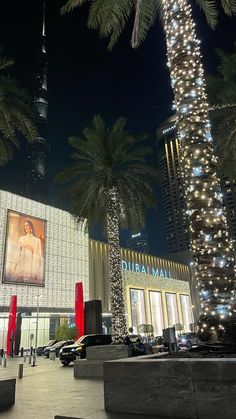 palm trees are lit up in front of a building